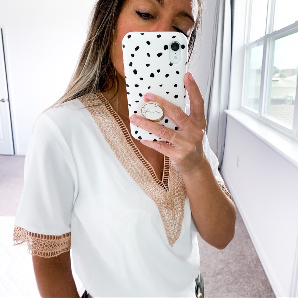 White Tan Neutral Contrast Lace Short Sleeve Blouse Small - Picture 12 of 12